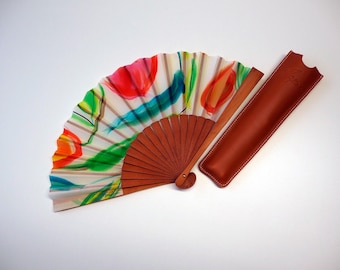 Handpainted Silk hand fan-Wedding handfan-Bridesmaids-Gift for woman-Spanish handfan-Leather case-Ready to be shipped-Christmas gift