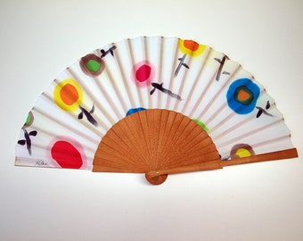 Hand fan Handpainted Silk-Abanico-Wedding gift-Giveaways-Bridesmaids- Spanish hand fan-Circles Hand Fan 17x9 inches-43 cmx23 cm/Christmas