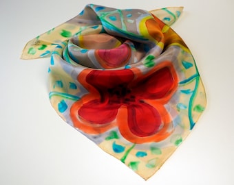 Hand-Painted Silk Scarf: Floral Art, Mini Square (27.5x27.5in)