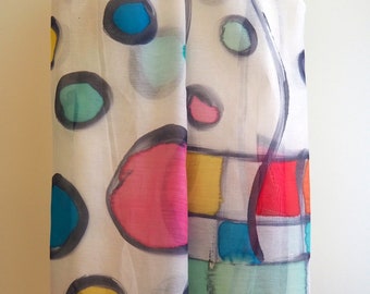 Hand Painted Cotton-Silk Scarf/ Circles Silk-Cotton Scarf/Miró style/ Ready to be shipped/71x18in-180x45cm/Unique gift for-girlfriend-mom