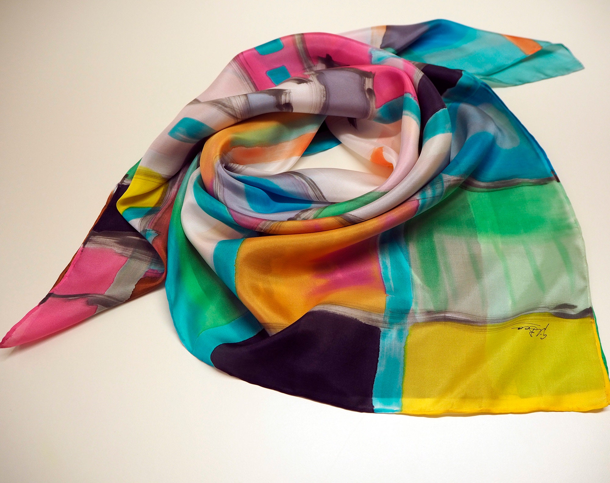 Châle Foulard Vintage En Soie Lourde - 110x110 Cm - Multicolore - Très Bon état