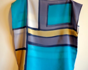 Silk blouse hand painted- Silk scarf- Mondrian style silk top - Silk Blouse handpainted- 21x21 in (53x53cm)