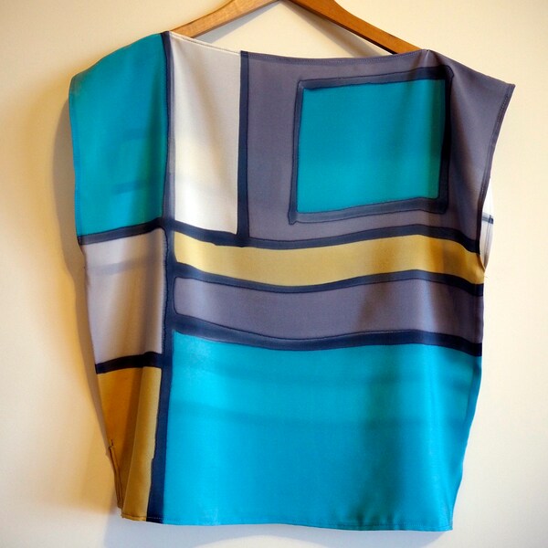 Silk blouse hand painted-  Mondrian style silk top - Silk Blouse handpainted- 21x21 in (53x53cm)