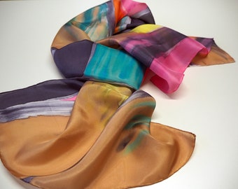 Handgeschilderde vierkante zijden sjaal / Kleurrijke zijde-Klaar om te worden verzonden / Uniek cadeau voor vrouwen
