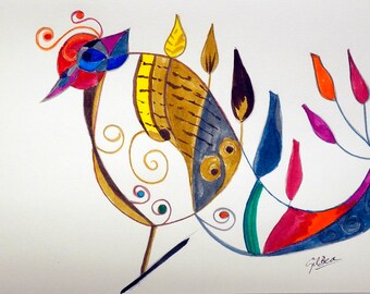 Bird. Fazant. Phasianus colchicus. Original watercolor of an abstract bird. Klimt style. Ready to send. 18 x 25 cm.Watercolor pencils