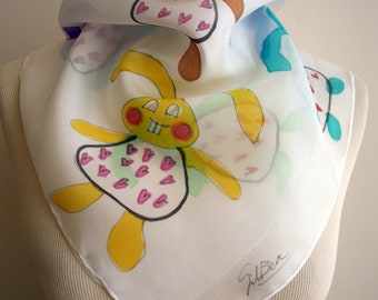 Hand Painted Silk Scarf- Silk scarf with children's drawings- Children's rabbits- Colorful silk- Ready to be shipped- 21.5x21.5in(55x55cm)