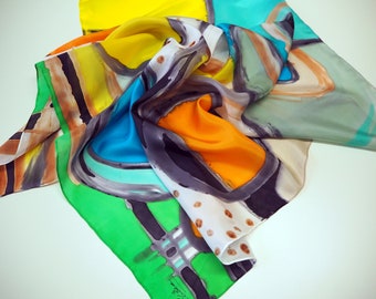 Hand Painted square Silk Scarf/ Abstract Silk Scarf/ 36x36in(90x90cm)/ Unique gift for women-girlfriend-mom/ Original silk scarf/Gift for me