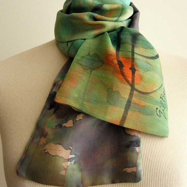 Hand painted Silk and Wool Scarf Green-Orange-Purple-Black