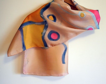 Hand Painted Silk Scarf-Abstract Silk Scarf-Colorful silk-Ready to be shipped-55x18in-140x45cm-Unique gift for women-girlfriend-mom