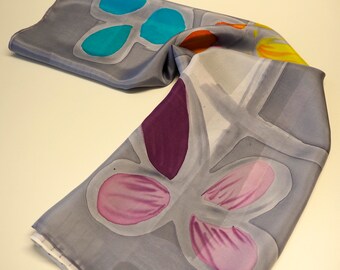 Hand Painted square Silk Scarf/Flowers Silk Scarf/Grey silk scarf/Christmas gift/36x36in(90x90cm)/Ready to send