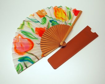 Handpainted Silk hand fan/Wedding hand fan/Flowers Spanish hand fan/Bridesmaids/Gift for me/Leather case/Ready to be shipped/ Christmas gift