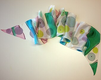 Hand Painted Silk Scarf: Circle Design, Wearable Art (200x20cm)