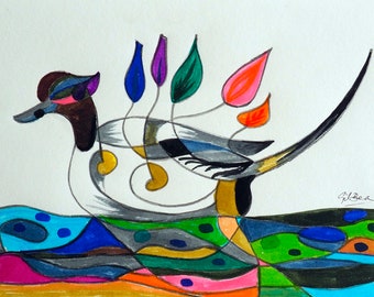 Tailed duck. Anas acuta. Original watercolor of an abstract bird. Klimt style.Ready to send.18 x 25 cm 7 x 9.8 in. Watercolor
