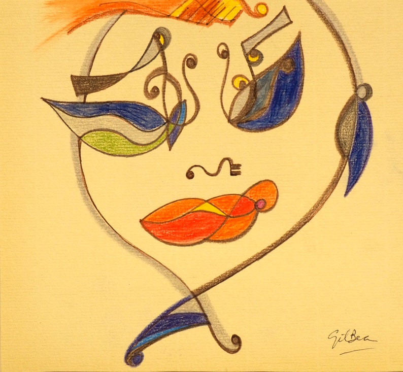 Original watercolor of an abstract face. Picasso style. Ready to send. 18 x 16 cm. 7 x 6.3 in. Watercolor pencils. Decoration house image 1