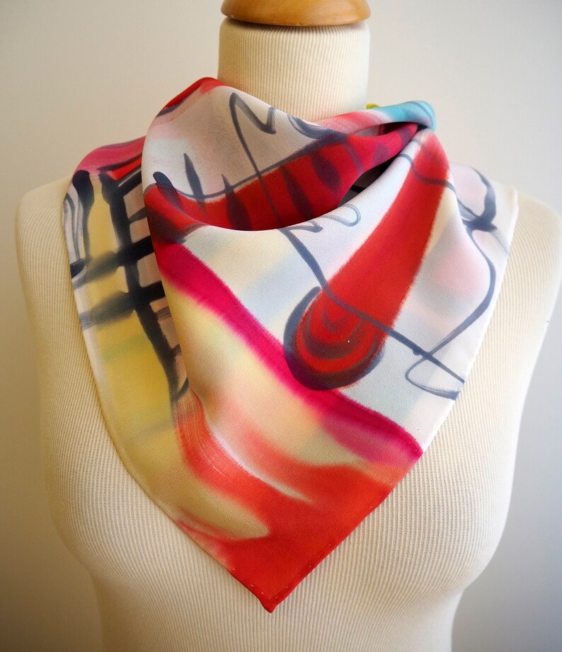 Hand painted Silk Mini /Crepe silk scarf/Hand painted Silk scarf / Abstract Silk mini-scarf /Woman scarf / Gift scarves 21.5x21.5 55x55cm image 2