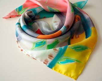 Hand painted Silk Mini/Handpainted Silk Scarflette /27.5x27.5in/70x70 cm/Giveaways Scarf/Silk Square Scarf/Ready to be shipped/Unique Gifts