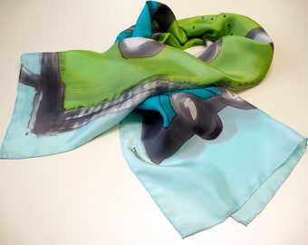 Hand Painted Silk Scarf/ Gift silk Scarf /Ooak silk scarf/ Ready to be shipped-55x18in-140x45cm-Unique gift for women/ Christmas gift