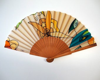 Handpainted Silk hand fan-Wedding hand fan-spanish hand fan-17 x 9 in(43cmx23cm)Gift for woman-Mom-Wife-Her-Leather case-Ready to be shipped