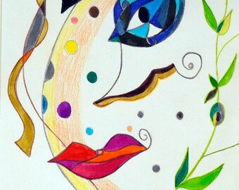 Original watercolor of an abstract face. Picasso style. Cubist style 18 x 25 cm.  Watercolor pencils. Decoration house