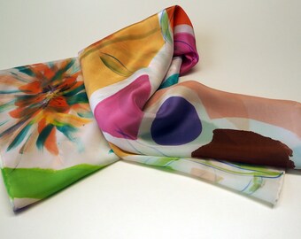 Hand Painted square Silk Crepe Scarf/ Flowers Silk Crepe Scarf/ Colorful silk/ Ready to be shipped-36x36in(90x90cm)-Unique gift for women