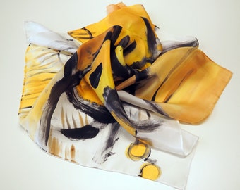 Hand painted Silk Mini Scarf/27.5x27.5in -70 x 70 cm/Grey-Black-Yellow Hand painted Silk scarf/Ready to be shipped/Unique Gifts