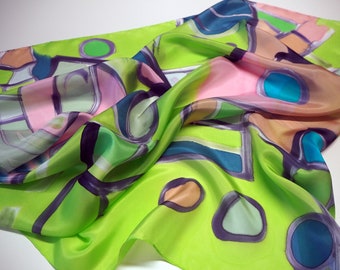 Hand Painted square Silk Scarf/Abstract Silk Scarf/Green silk scarf/Christmas gift/36x36in(90x90cm)/Ready to send