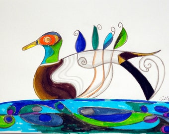 Bird.Mallard duck.Anas platyrhynchos.Original watercolor of an abstract bird.Klimt style.Ready to send.18 x 25 cm 7 x 9.8 in.Watercolor