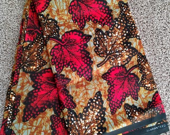 Red Ankara Fabric with Leaf Print | African Wax Print, Sold by the Yard