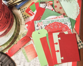 Christmas Ephemera Bundle - 25 Pieces - Red and Green-Tickets, doily, envelope, tags, Bingo cards, Playing cards - Junk Journal Ephemera