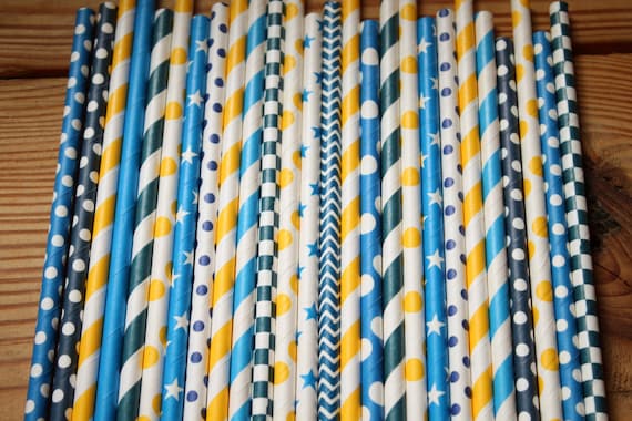 Belle Inspired Party Straws, Beauty and the Beast Inspired, Assorted Patterns, Blue Yellow, Set of 30 Il_570xn