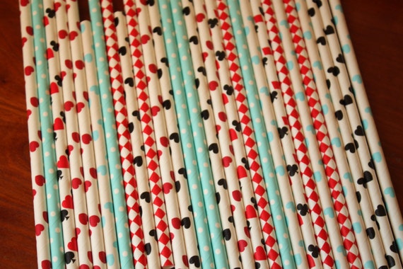 Queen of Hearts Straws, Alice in Wonderland, Black Red Hearts, Paper Drinking Straws, Mad Hatters Tea Party, Red Blue Birthday, Playing Card Il_570xn