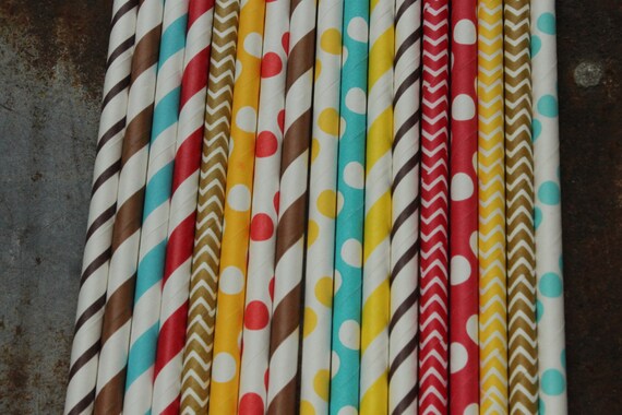 Sock Monkey Boy Party Straws -- set of 25 -- Red, Brown, Aqua, Yellow -- Paper Drinking Il_570xn