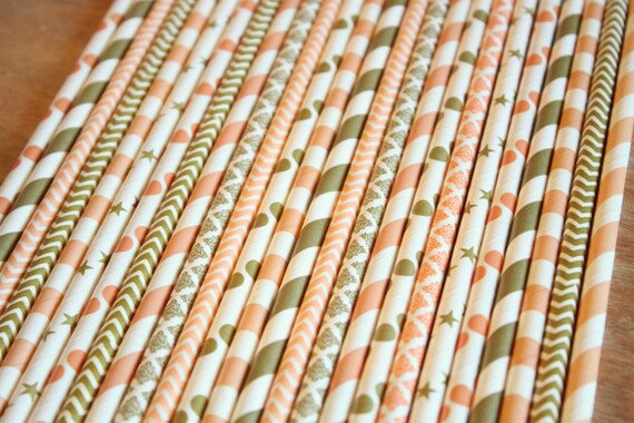 Peach Gold Straws Paper Straws Peach Assorted Peach Stripes