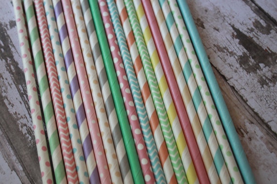 30 Pastel Rainbow Party Straws -- Paper Straws -- Beach Assortment -- Cream, Mint Green, Gray, Pastel Pink, Blue, Peach and Lavender Il_570xn