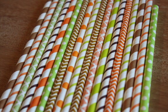 Brown Green Orange Straws, Thanksgiving Theme, Brown Stripes, Lime Green Dots, Orange Chevron, Harvest Gathering, Fall Festival, Thankful Il_570xn