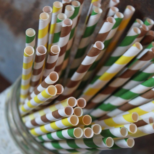 Tractor Party Straws -- Yellow Green Brown Polka Dots Stripes -- Vintage Style Straws -- Choose Quantity
