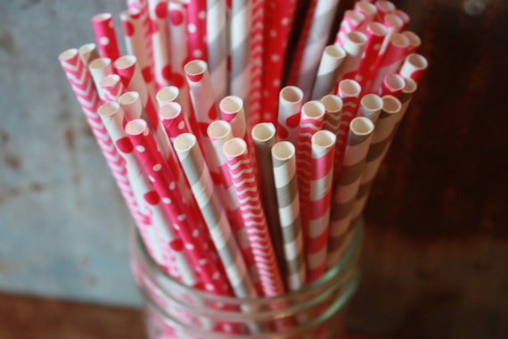 Pink and Gray Paper Straws -- Set of 20 -- stripes, chevron, dots Grey Il_570xn