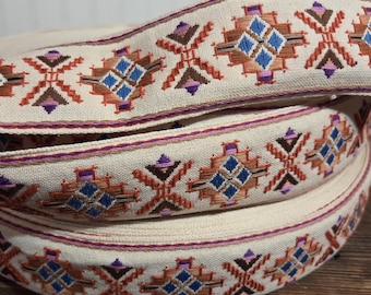 Vintage geometric jacquard ribbon trim orange blue purple bohemian 2 inches wide 1 yard