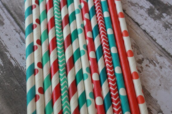 25 Cirus Party Straws -- Christmas, Winter, Cat in the Hat -- aqua, turquoise, caribbean, red, brick red Il_570xn