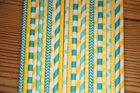 30 Pocahontas Party Straws -- teal, caribbean, yellow, aqua Il_570xn