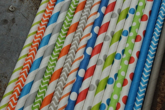 Jungle Party Straws -- set of 25 -- Blue, Grey, Green, Orange, -- Paper Drinking -- Boy theme Il_570xn