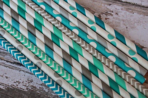 Aqua & Grey Party Straws - Set of 25 - turquoise, gray, caribbean Il_570xn