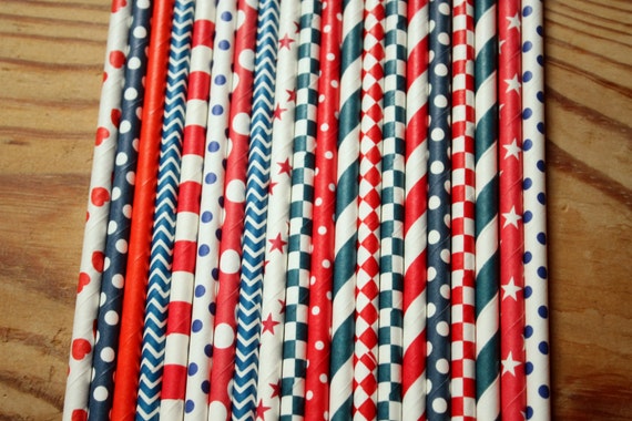 50 Red & Navy Paper Straws -- Party Straws -- Drinking Straws Il_570xn