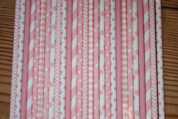 30 Pink Party Straws, Paper Straws, Assorted Patterns Il_570xn