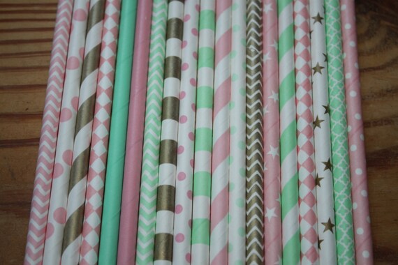 30 Gold, Pink, Mint Green Paper Straws Vintage Glam Party Il_570xn