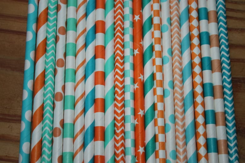 Miami Dolphin Football Party 30 Blue and Orange Paper Straws Party Straws