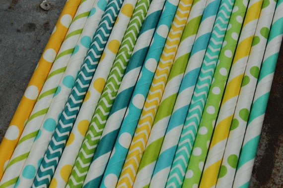 Boy Party Straws -- set of 25 -- Caribbean, aqua, lime green, turquoise, yellow -- Paper Drinking Il_570xn