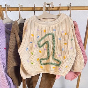 Hand embroidered knit number sweater,Personalized baby name sweater,Custom knit infant jumper,Handmade first birthday sweater,Newborn gift