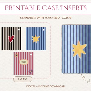 Puede incluir: Insertos imprimibles para fundas Kobo Libra Color. Los diseños incluyen rayas blancas y negras con un corazón rojo, rayas azules con una estrella amarilla y rayas rojas con texto. El texto dice "Personal Library".