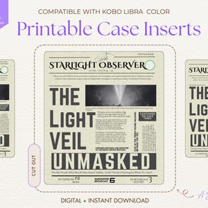 Könnte beinhalten: Druckbare Hülleneinsätze für Kobo Libra Color, mit einem Design im Zeitungsstil. Die Schlagzeile lautet "The Light Veil Unmasked". Das Design enthält den Text "Starlight Observer" und "Digital + Instant Download."